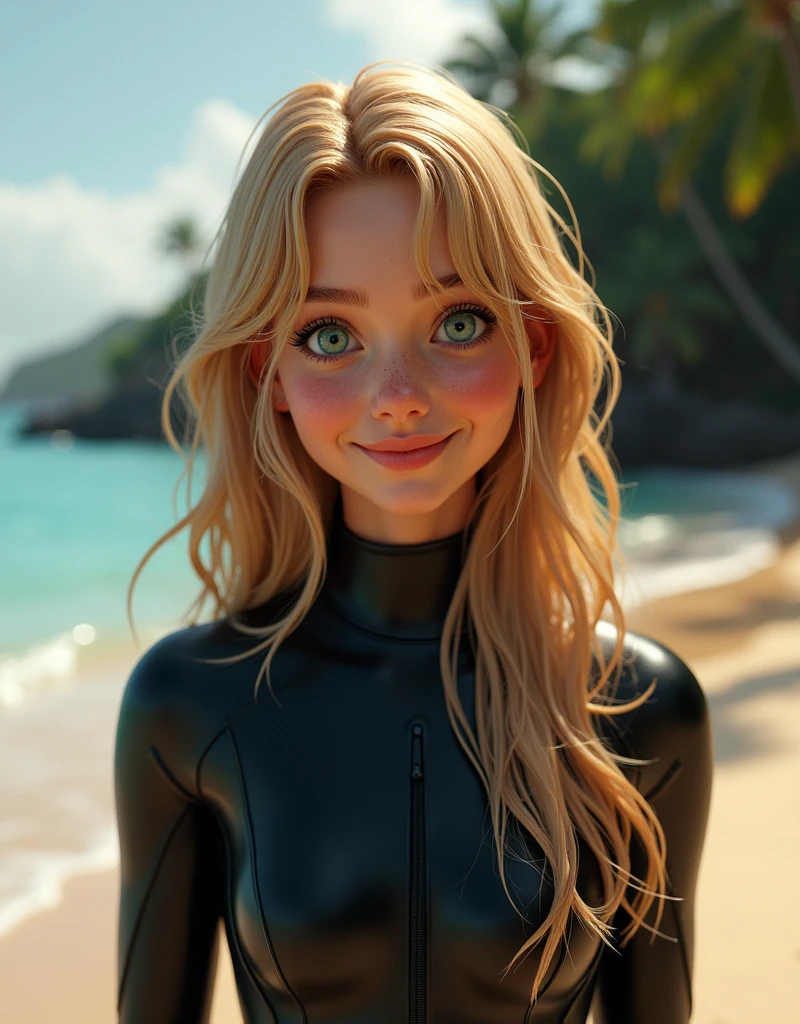  (((best qualityer))), highly detailed, high resolution. 2 female, blondie hair, clear green eyes, fleshy lips(work of art, photorrealistic:1.4, extremely complex:1.3), (photon mapping, radiosity, Physically based rendering, ultra resolution, hyperrealisti, 8k), ((((black carbon fiber wetsuit. smiling, giggling, Hawaiian ((girl head tilted back, lateral view)))), humid, [skin-detail:freckles:0.7], naturals, long and straight [Shiny Blonde Hair:Red hair:0.9], hypdertailed), ((out, plein-air, Hawaiian palm trees, Rabying, Raby, dim, dark sky, windy, hair wet, distant waterfall, beach chair, resting, icy blue eyes)))
