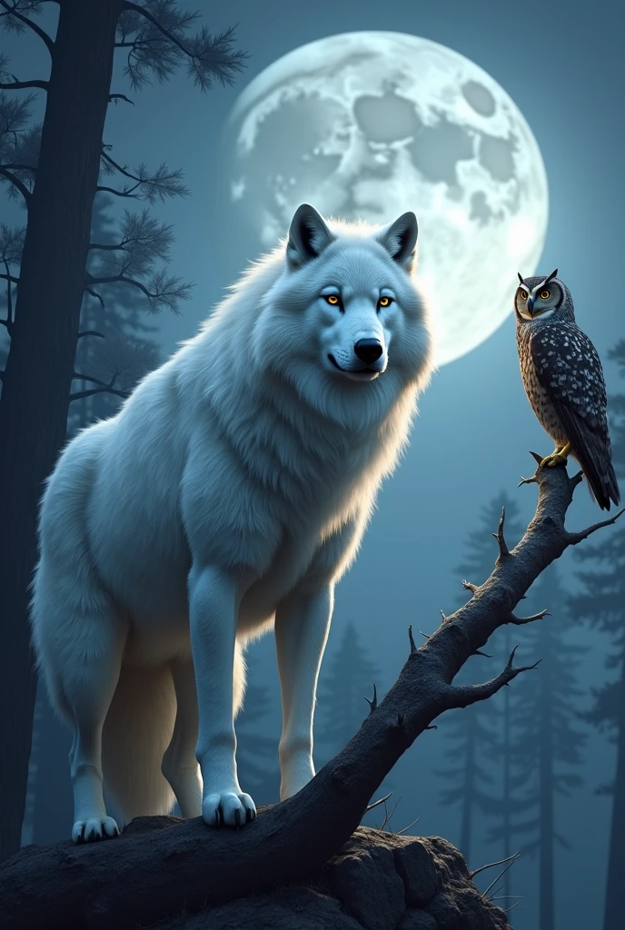 Realistic wallpaper with a big white wolf and an owl with a moon 
