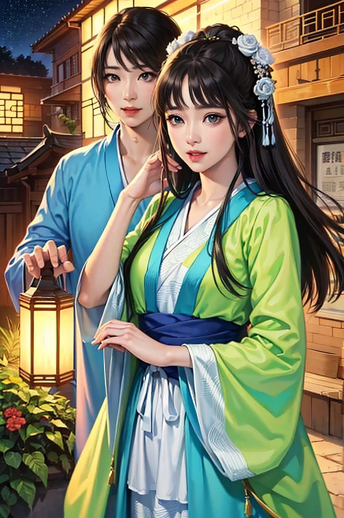 Starry sky landscape、shooting star、Outdoor、 (Highest quality,4K,8k,High resolution,masterpiece:1.2)、Very detailed, (Realistic,Realistic,Realistic:1.3)、High resolution,、Hyper HD、Studio Lighting、Ultra-fine painting、 Sharp focus、 Physically Based Rendering、 Very detailed説明、 Professional、 Vibrant colors、Late at night、Traditional Chinese Painting Techniques、 Atmospheric lighting、 Vivid color contrast、 Ethereal atmosphere、Very detailed目と顔、 Beautiful attention to detail、 Light on the face、Hanfu 、(Hanfu: 1.1)、、Eyes are green、Slim figure、Small breasts、Sexy pose
