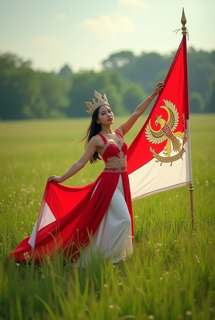 Photoshot of a beautiful woman wearing a red and white colored dress and wearing a mah kota ratu with a beautiful face dancing in a green and wide meadow and holding a long red and white cloth. And there is a red and white flag with the Garuda icon