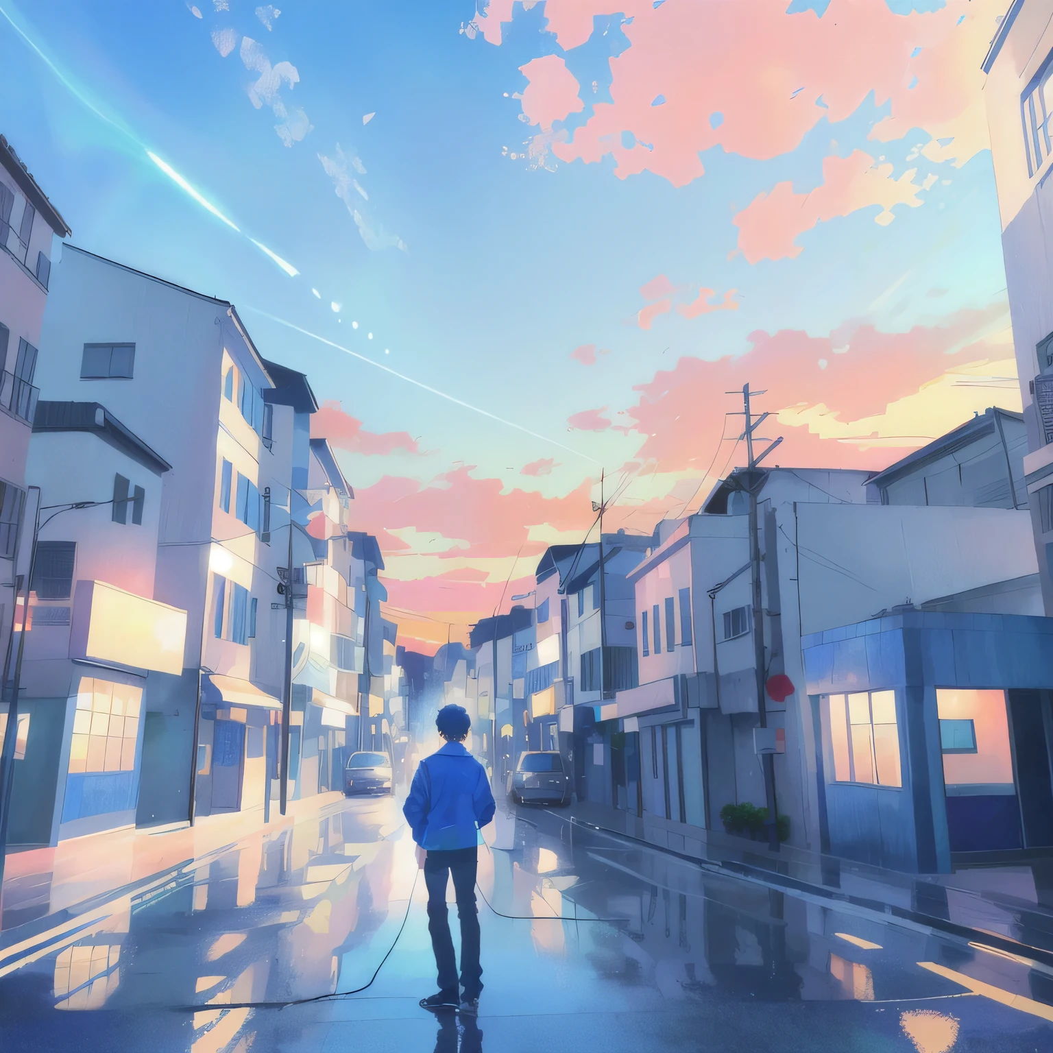 town、null、Highest quality、morning、早morning、8k、photograph、beautiful、A boy with an electric guitar、Blue background、Nostalgic、Nostalgic scenery