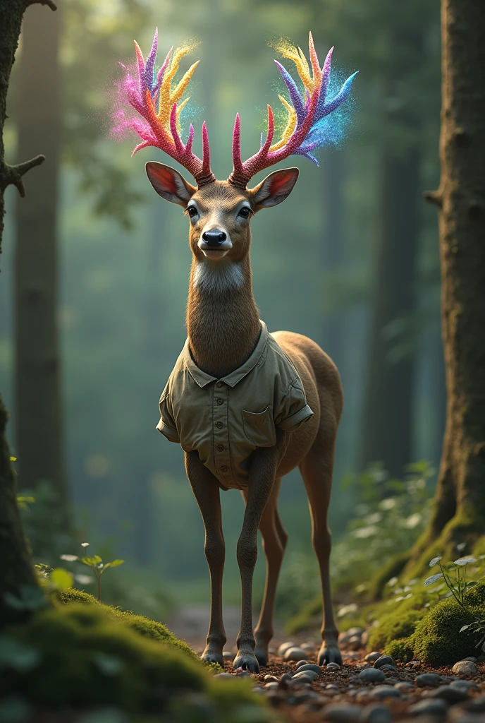 Deer with colorful antlers wearing pants and shirt