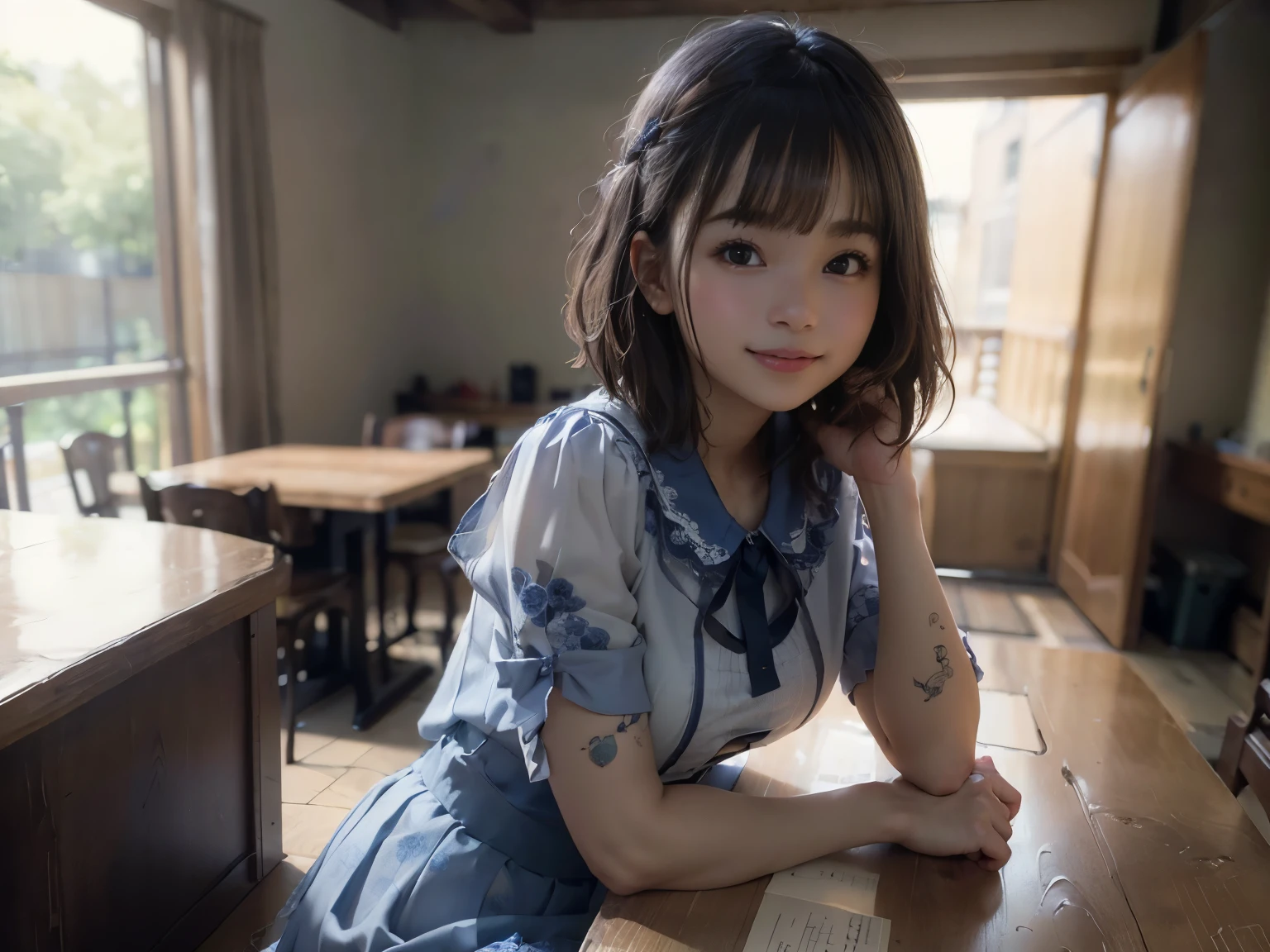 (Highest quality, masterpiece, Ultra-high resolution, 8k, RAW Photos, Realistic, Anatomically correct:1.5), 20-year-old girl:1.2, Embarrassing, avert your eyes, blush:1.0, View Viewer, ((bar)) 、Large windows、Night view、 Light:1.2, Bokeh, Cinema Lighting:1.0, Depth of written boundary, sharp、 Cute Face、Idol、(Black short sleeve lace top)、(Black tulle skirt)、(Navy blue clothes)、(Floral clothes)、”dwarf”、(Full Body Shot)、(Side angle)、Cowboy Shot、( smile)、((Ultra short hair、Berry Short))、(Straight bangs)、((See-through))、(( One woman))、look back、I can see your belly button、