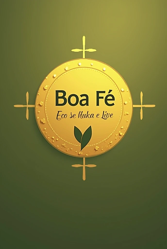 An art for an evangelical flag in olive green color, with a simple round golden coat of arms with the name good faith in Portuguese and a symbol of a seed. 
