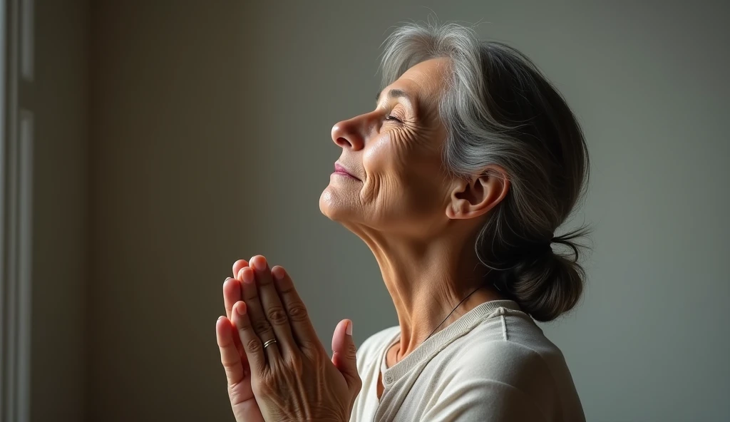 a 60 year old Americana woman in profile has her hands together praying, she is on her knees praying with her eyes closed, LIT WITH SUNLIGHT, ULTRA REALISTIC IMAGE, The style is a realistic photograph using a 50mm lens in 8k and applying contrast, 8K --ar 16:9 --s 1000 --v 6.0