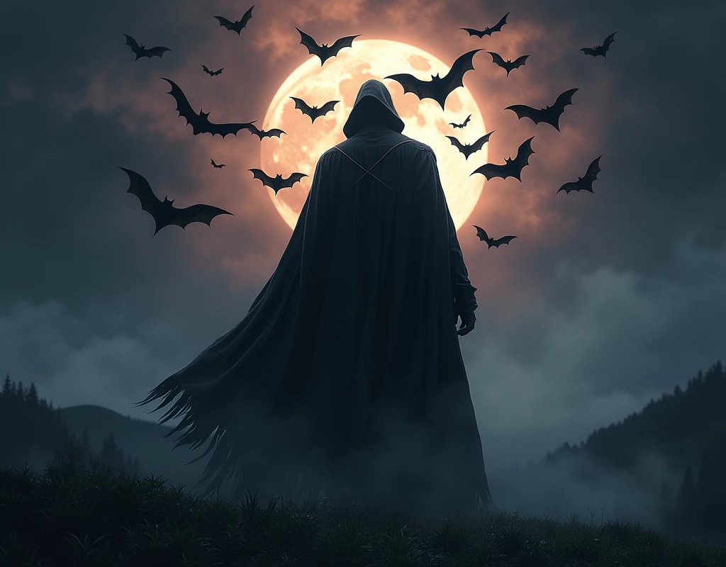 Vampire Lord, A Vampire lord Emerging from a dense swarm of bats, harvest moon, misty hills, fall time, night