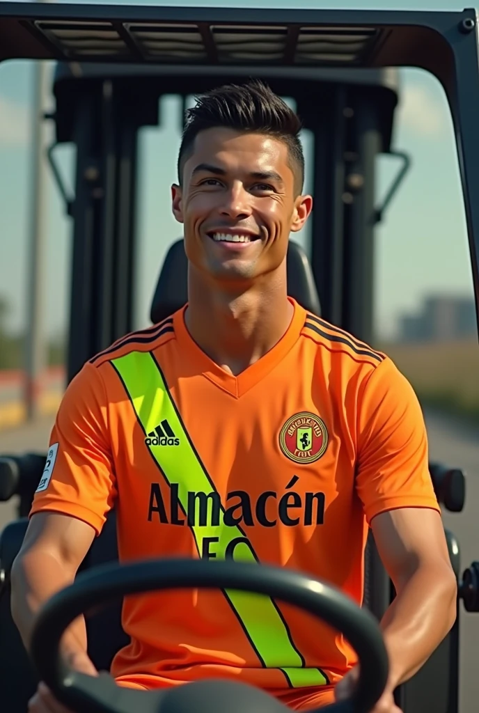 Cristiano Ronaldo wearing an orange shirt with a fluorescent green stripe in the middle that says Almacén FC and driving a forklift.