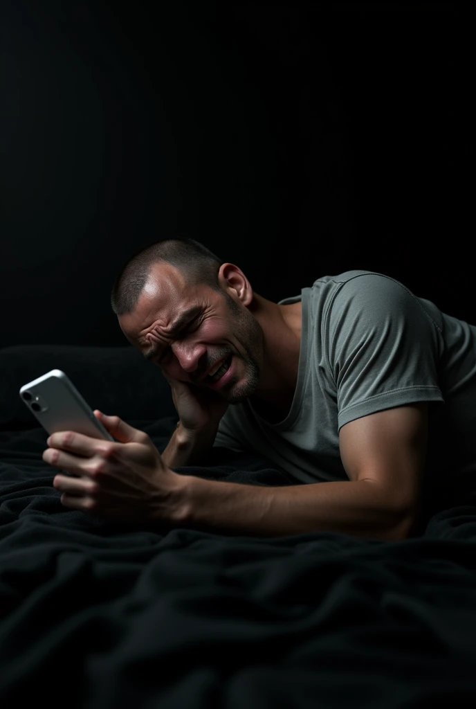 man crying with cell phone in hand and lying on a bed, black wall background, elegant black bed blanket