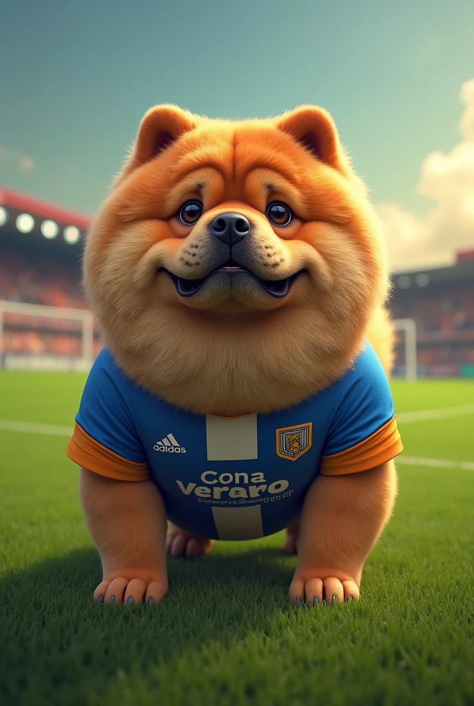 A chowchow dog dressed in the Liga de Quito football team jersey