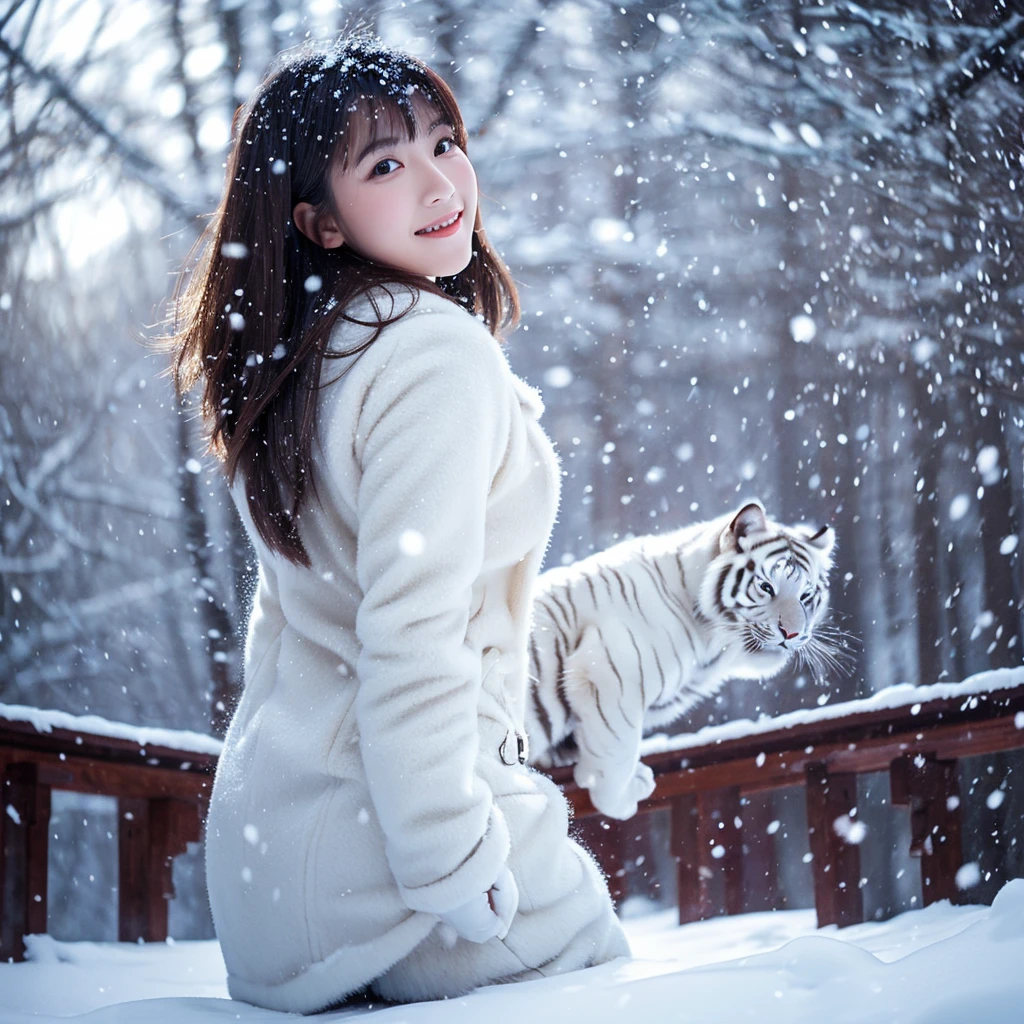 An Asian woman sits amidst a large number of snowflakes in a snowstorm valley, with a large white tiger leaping towards her behind her.