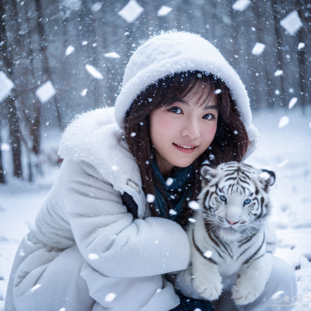 An Asian woman sits amidst a large number of snowflakes in a snowstorm valley, with a large white tiger leaping towards her behind her.