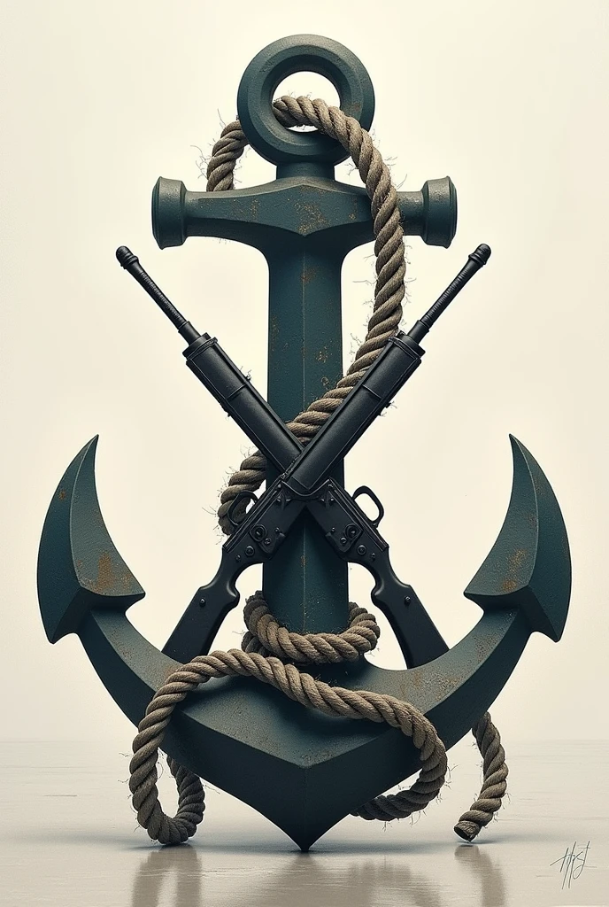 Anchor with rope tangled with X-shaped rifles and the surname Marin