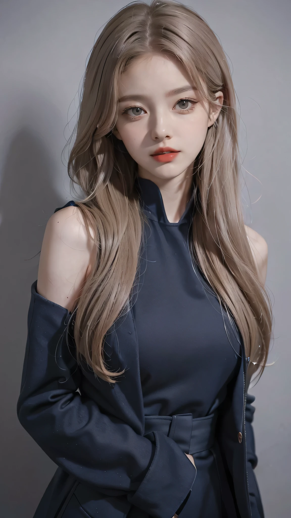 Girl wearing, luxury navy blue coat, shoulder length hair, wavy hair, glowing skin, star in eye, red lips, grey background, cute poses , upper body, light blonde hair.