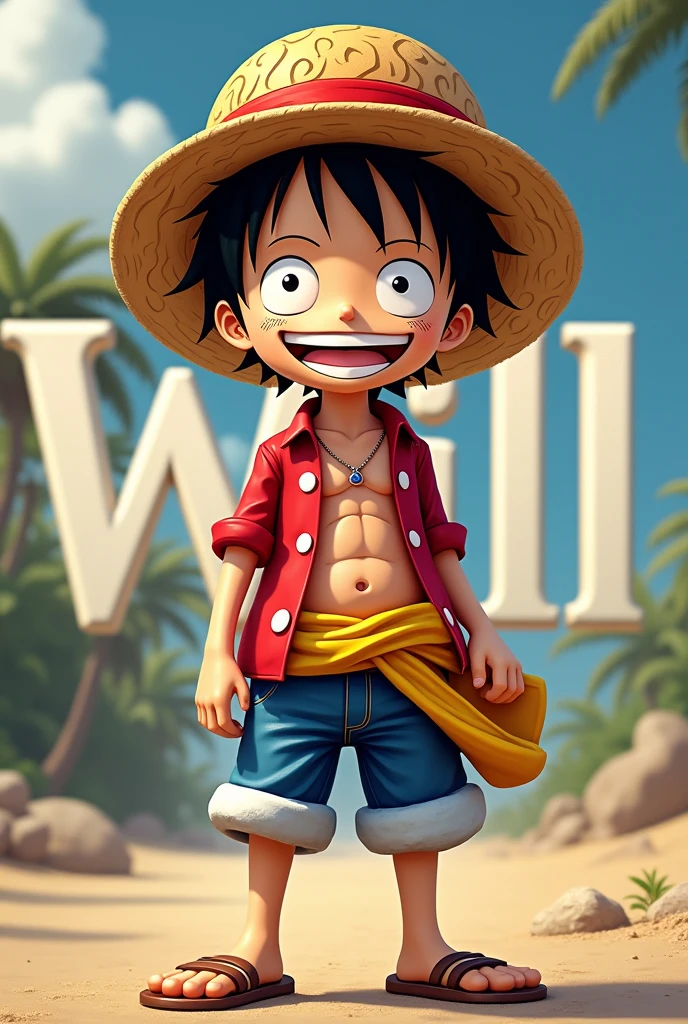 Recreate an image of Will with that name in the back and the One Piece character in front, Luffy, in 4k please and unique and the Luffy is big and super cute