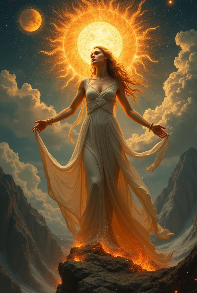 She is the sun, she is the moon We give it the sea and the river We give her hope in this world Her sighs are fire and gunpowder Her chest are an erupting volcano Her chest are high mountains We give her sun and moon Her sigh is a goddess to be worshiped leonardo da vinci style