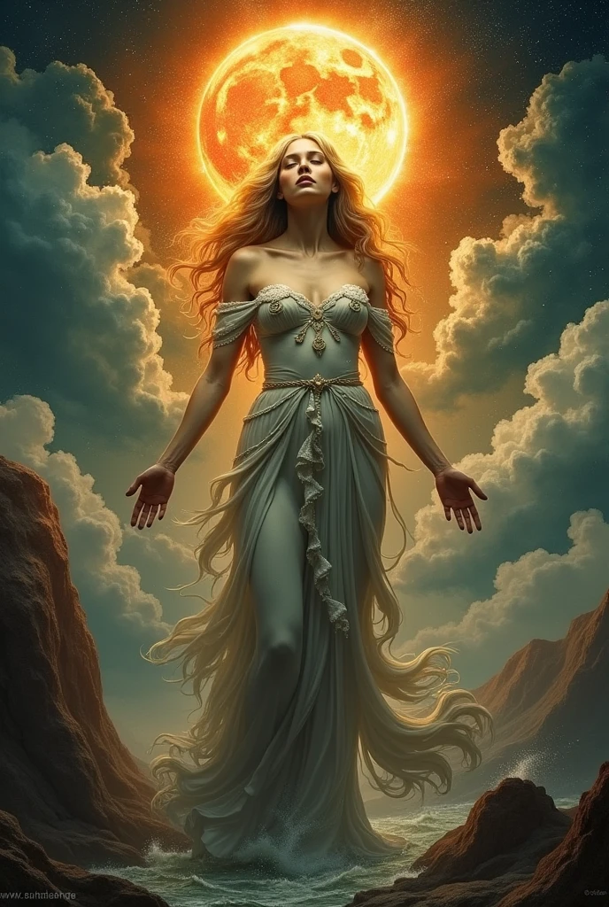 She is the sun, she is the moon We give it the sea and the river We give her hope in this world Her sighs are fire and gunpowder Her  are an erupting volcano Her   are high mountains We give her sun and moon Her sigh is a goddess to be worshiped leonardo da vinci style