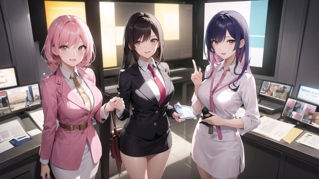 Masterpiece, super high quality anime style illustration, 8K, TV station news studio, CNN-like set, bright lighting, very beautiful 20-year-old ((two female newscasters)), ((two beautiful girls)) (((standing in front of the camera))), ((holding a manuscript in their hands)), ((looking at the camera with a smile)), colorful hair, perfect make-up, colorful eyes, pink lips, slightly open-necked suit, average bust, cleavage, tight skirt covering knees.