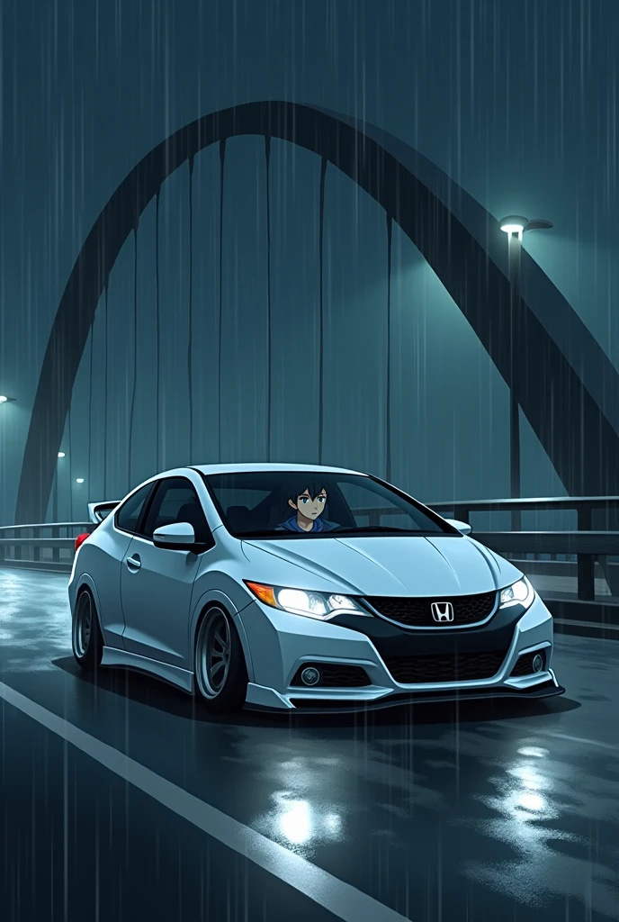 Anime style image of a boy driving a white 2014 Civic lowrider on a bridge on a rainy night. An image that evokes loneliness.
