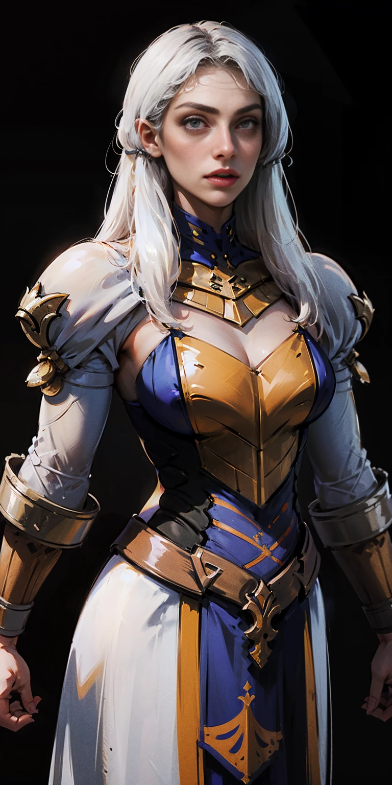 (black background) 1soloefemale, low angle, from below, paladin templar lady in white tabard, correct anatomy, epic fantasy digital art, tmasterpiece, 8k, high definition resolution, detailed drawing, superior quality, epic composition, female muscular body cover breastplate, muscular turned arms behind body