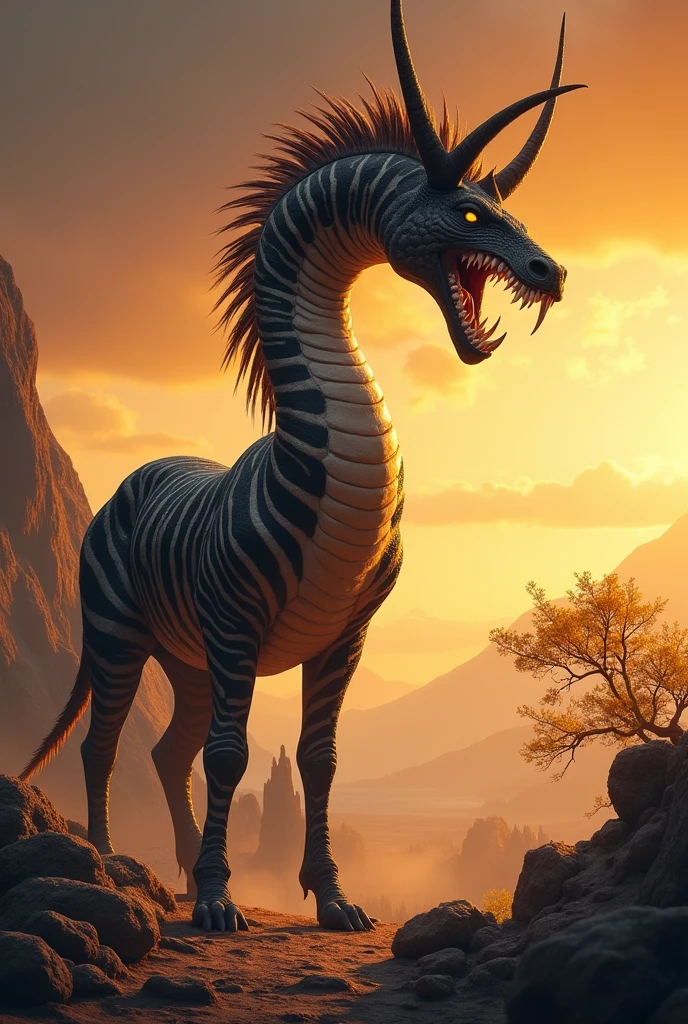 This is a digital image of the body of a snake with the head of a white-toothed zebra walking on rocky ground. The zebra is facing the right side of the image, with its mouth wide open, with sharp teeth and sharp claws. And its eyes are yellow. The background is a dark orange sky from sunset. The land is covered with rocks and boulders and there are some trees and mountains in the distance. The general feeling of the image is fierce and powerful.