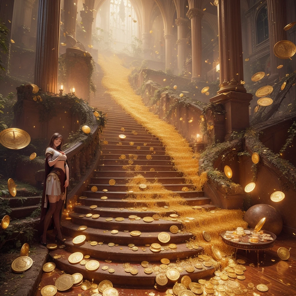 8k, masterpiece, RAW Photos, Highest quality, Realistic, extremely detailed CG unity 8k wallpaper, Written boundary depth, Cinematic Light, Lens flare, Ray Tracing, (Very beautiful face, Beautiful Lips, Beautiful Eyes), Exquisitely detailed face, ((Highly detailed skin)) One Girl, In the Dark, Deep Shadow, Cute Asian Girl, 1 girl, (Very slim slender fit-muscled body:1.3), ((View your audience)),(Big smile:1.3), (Short skirt ), (white mini skirt ), (mini skirt ), pantyhose, Clear Eyes, walk , Front shot, (Pale skin), (Big eyes), look forward to, ((Big shirt)), (Brown Hair), (View your audience:1.3) Very slim, Mid-chest, (Camel Toe), Thick thighs, Lace Stockings, sunny, Rear view, Cheerleading Clothes、Surrounded by shiny gold bars、Surrounded by shining gold bars、Close-up of stairs,The coin fell down the stairs, Surrounded by gold, scattered Gold coins, gold and treasure, with many Gold coins, piles of Gold coins, The aesthetics of The Lord of the Rings, sitting on a pile of Gold coins, Gold coins, Complex and epic composition, Epic Fantasy of Rivendell, Golden Glitter,