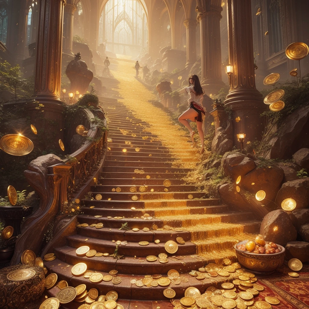 8k, masterpiece, RAW Photos, Highest quality, Realistic, extremely detailed CG unity 8k wallpaper, Written boundary depth, Cinematic Light, Lens flare, Ray Tracing, (Very beautiful face, Beautiful Lips, Beautiful Eyes), Exquisitely detailed face, ((Highly detailed skin)) One Girl, In the Dark, Deep Shadow, Cute Asian Girl, 1 girl, (Very slim slender fit-muscled body:1.3), ((View your audience)),(Big smile:1.3), (Short skirt ), (white mini skirt ), (mini skirt ), pantyhose, Clear Eyes, walk , Front shot, (Pale skin), (Big eyes), look forward to, ((Big shirt)), (Brown Hair), (View your audience:1.3) Very slim, Mid-chest, (Camel Toe), Thick thighs, Lace Stockings, sunny, Rear view, Cheerleading Clothes、Surrounded by shiny gold bars、Surrounded by shining gold bars、Close-up of stairs,The coin fell down the stairs, Surrounded by gold, scattered Gold coins, gold and treasure, with many Gold coins, piles of Gold coins, The aesthetics of The Lord of the Rings, sitting on a pile of Gold coins, Gold coins, Complex and epic composition, Epic Fantasy of Rivendell, Golden Glitter,