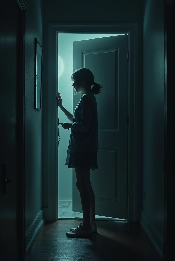 The mysterious door at the end of the hallway, slightly ajar, with a dark, ominous room beyond. Faint whispers emerge from the darkness. The shadows inside the room seem to have a life of their own, swirling and shifting. Emma stands at the doorway, her hand on the knob, her face reflecting fear and curiosity