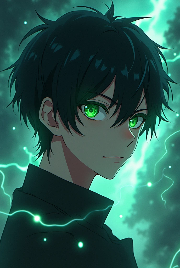 Anime boy with shoulder length black hair, green eyes, with mental power