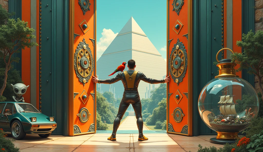 Un homme avec des vêtements futuristes pousse des deux mains des portes futuristes avec des figures géométriques de couleurs différentes sur la porte et devant lui une pyramide avec de l'herbe et des animaux ,le tout ressemblent à la peinture que j'ai publié et un robot et à côté devant une des portes et le personnage caucasien avec un Péroqué sur l'épaule et un aspect baroque est légèrement ajouté une soucoupe volante est ajouté et un extra terrestre petit gris,le personnage se tient droits les jambes légèrement écartées en poussant les portes il y a des mécanismes et horlogerie sur les portes et une voiture ancienne améliorée venus du futur ajouté une grande bouteille d'eau avec un bateau sur l'eau dans la bouteille et des poissons