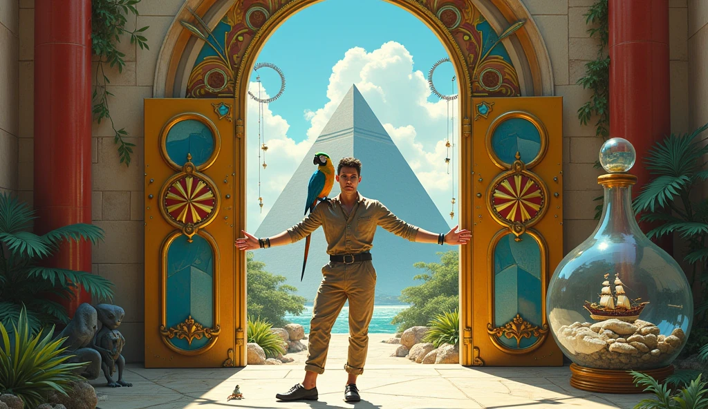 Un homme avec des vêtements futuristes pousse des deux mains des portes futuristes avec des figures géométriques de couleurs différentes sur la porte et devant lui une pyramide avec de l'herbe et des animaux ,le tout ressemblent à la peinture que j'ai publié et un robot et à côté devant une des portes et le personnage caucasien avec un Péroqué sur l'épaule et un aspect baroque est légèrement ajouté une soucoupe volante est ajouté et un extra terrestre petit gris,le personnage se tient droits les jambes légèrement écartées en poussant les portes il y a des mécanismes et horlogerie sur les portes et une voiture ancienne améliorée venus du futur ajouté une grande bouteille d'eau avec un bateau sur l'eau dans la bouteille et des poissons