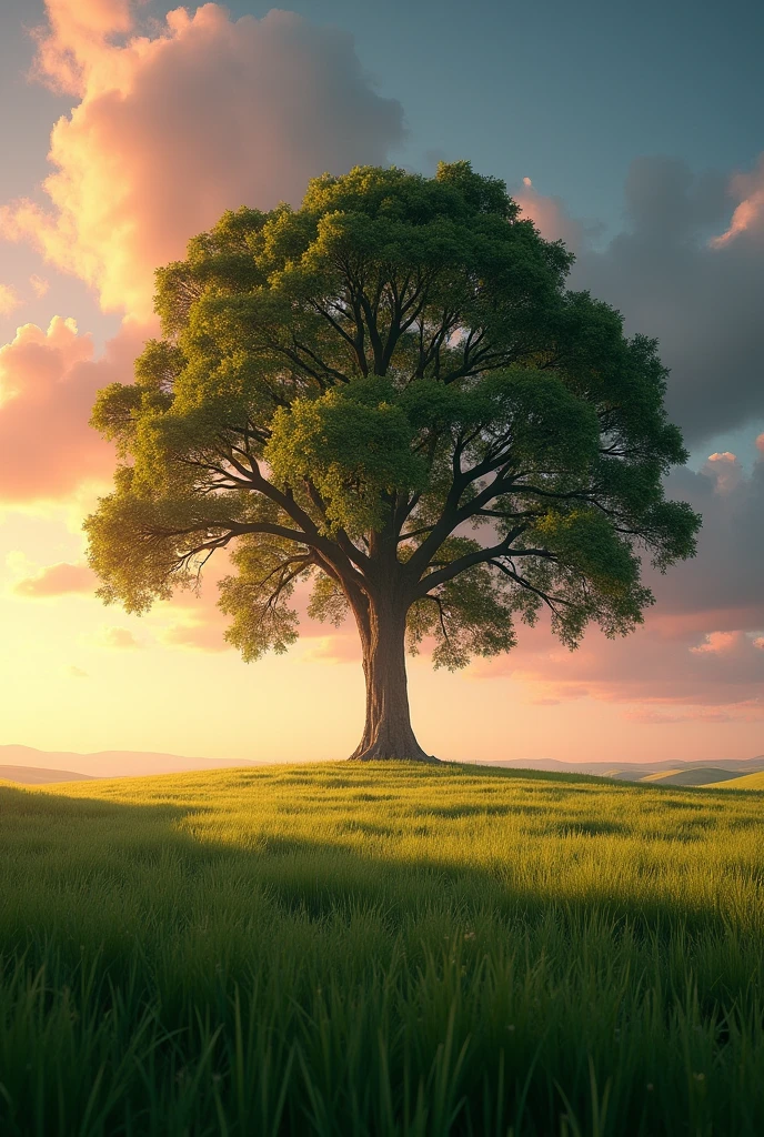 (8k, CRU photo, highest quality) Create a hyper-realistic image of an open field with grass, featuring a massive tree at the center of the photo. The tree has a large trunk, and the sky reflects a late sunny day with a sunset in shades of red, orange, and blue. (((dynamic composition:1.3))), soft lighting, cinematic lighting, light volumetric, hyper-realistic, vivid details, clear as crystal, 8K UHD, ultra photo realism, best quality, work of art, extremely detailed CG, unity, wallpapers (realistic, photorealistic: 1.37), shining, fine-details, (((Depth of field:1.5))), (((atmospheric perspective:1.4)))