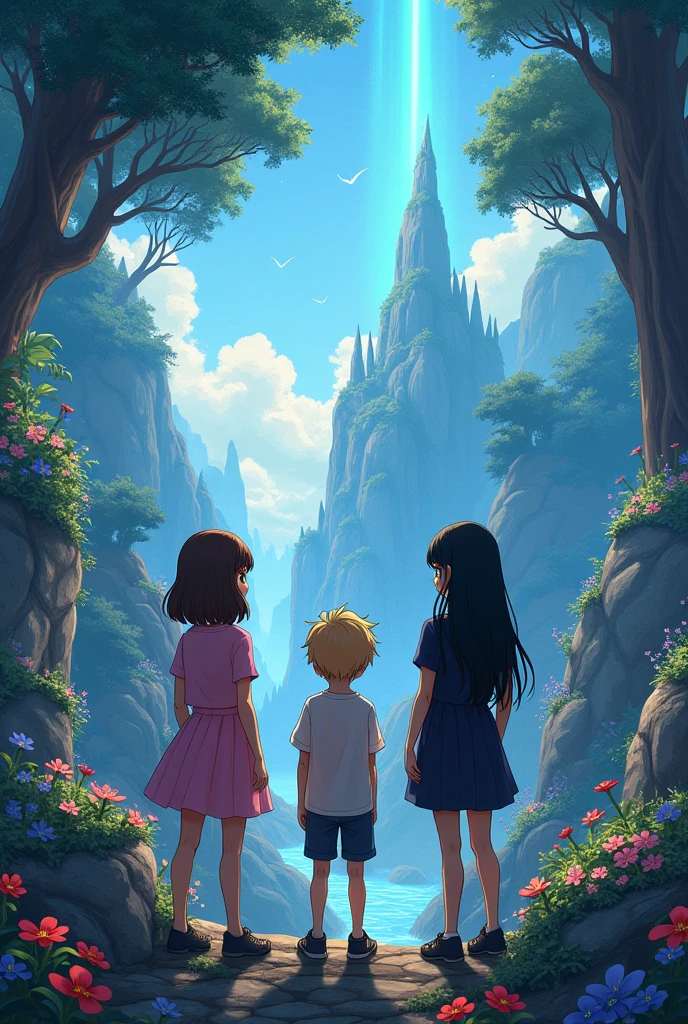 Two girls and a boy from the back, the first girl has straight, short, shoulder-length brown hair and pink clothes, the second girl has long, waist-length, wavy, black hair with black clothes, and the boy has blond hair with any clothes and is tall, looking at a landscape of a magical world. They are all teenagers, that is, tall, plus the boy.