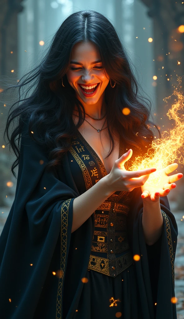 Create a semi-realistic and stylized image of a powerful and stunning witch with an intense, mocking laugh. She should appear young and beautiful, with luminous skin and long, shiny hair in a deep tone like black or red. The witch is wearing an elegant and sophisticated cloak adorned with magical details such as runes or esoteric symbols. She is casting magic, with a glowing aura and magical energy beams emanating from her hands, creating enchanting shapes around her. The background should be mystical and intriguing, with subtle magical effects, emphasizing the witch’s power and beauty while her laugh adds a touch of irony and control.