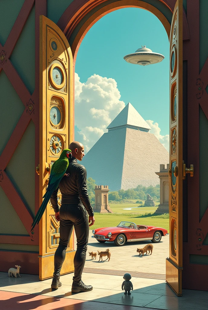 Un homme avec des vêtements futuristes pousse des deux mains des portes futuristes  avec des figures géométriques de couleurs différentes sur la porte et devant lui une pyramide avec de l'herbe et des animaux ,le tout ressemblent à la peinture que j'ai publié et un robot et à côté devant une des portes et le personnage caucasien avec un Péroqué sur l'épaule et un aspect baroque est légèrement ajouté une soucoupe volante est ajouté et un extra terrestre petit gris,le personnage se tient droits les jambes légèrement écartées en poussant les portes il y a des mécanismes et horlogerie sur les portes et une voiture ancienne améliorée venus du futur 