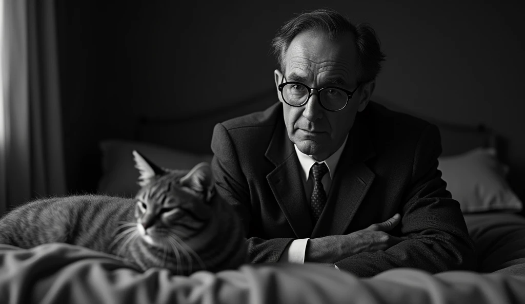 Black and white image of a thin, elderly man with a serene and contemplative expression. He has short, dark hair, a little gray, no beard, and is wearing a classic 1930s suit, with small, square prescription glasses and a discreet tie. Cayce is with a cat near death in a bed from the same decade in an environment that looks like a house from that time. The soft, diffuse lighting highlights his face, transmitting an aura of wisdom and introspection. The scene has a nostalgic and mysterious tone, reflecting the enigmatic character of Cayce trying to save the cat.