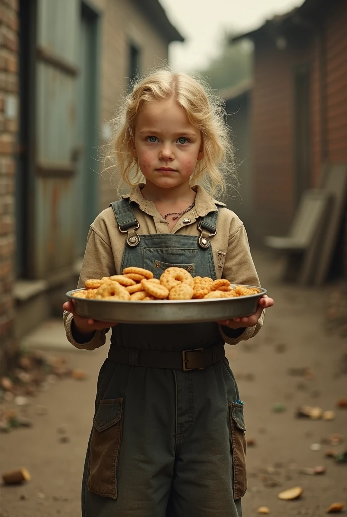 Image of a blonde  selling snacks, giving the impression that it is an old image. The intention is to portray a period of family suffering and difficulty. 