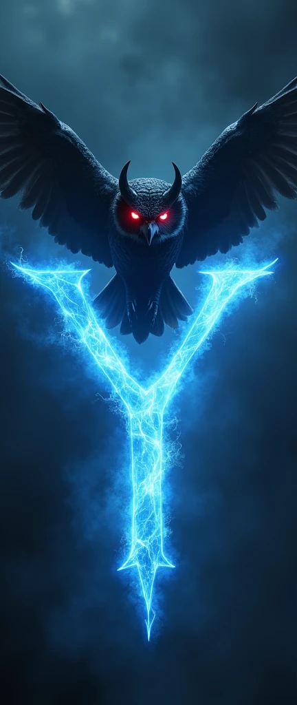 An evil red-eyed owl, flying over the blue fire letter Y.
