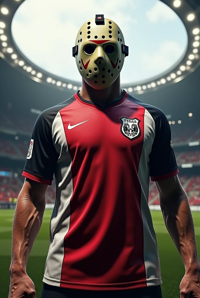 Jason Voorhees wearing the São Paulo Football Club shirt, colors red white black and round stadium behind 