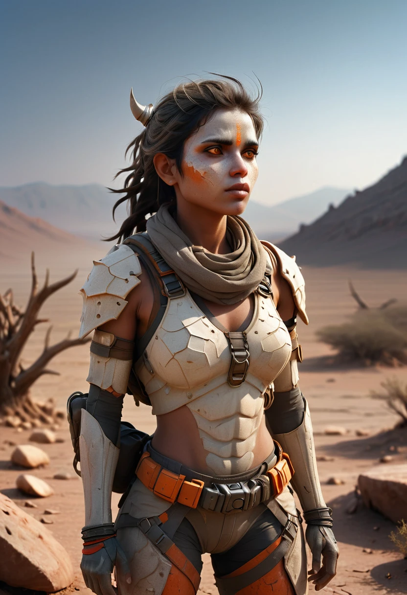 An extremely detailed and realistic image of a female Karnathi humanoid character standing in a barren, arid landscape, drinking from a canteen. The Karnathi is 1.8 meters tall, with a light gray skin tone that has a smooth texture. Her face is rugged yet retains subtle, human-like features, with soft orange eyes that stand out against the harsh environment. Light gray bone-like scales are visible on her shoulders and forearms, providing a soft contrast to her skin while adding texture and character to her appearance. The Karnathi is dressed in practical, weathered clothing suited for the harsh environment—a mix of durable fabrics and leather in earthy tones that blend with the dusty, dry surroundings. The outfit is functional, designed to protect her from the harsh sun and rough terrain, while still allowing her muscular and athletic build to show through. The canteen she drinks from is made of rough metal, showing signs of wear, indicating long use in unforgiving conditions. The arid landscape around her is vast and desolate, with cracked earth, scattered rocks, and distant, hazy mountains under a harsh, cloudless sky. The sun is high, casting sharp shadows and giving the scene a sense of heat and dryness. Despite the harsh surroundings, the Karnathi maintains a composed and resilient expression, embodying strength and endurance in the face of adversity. The overall image captures the stark beauty of survival in a hostile environment, focusing on the detailed textures of the character, her gear, and the landscape.