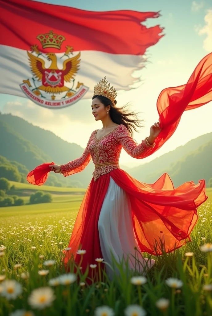 Photoshot of a beautiful woman wearing a red and white colored dress and wearing a mah kota ratu with a beautiful face dancing in a green and wide meadow and holding a long red and white cloth. And there is a red and white flag with the Garuda icon and the name INDONESIA