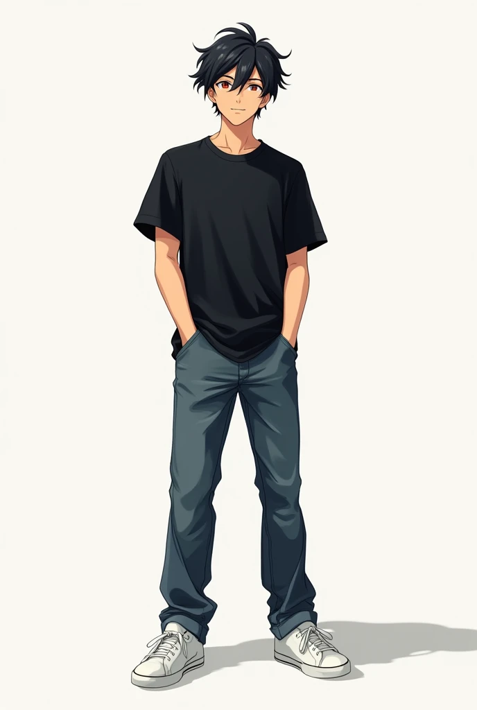 1 male wearing a black t-shirt, loose jeans, white sneakers, standing and smiling, cool hairstyle, anime