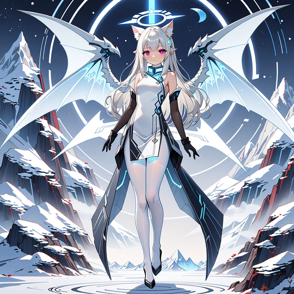 masterpiece, highest quality, highest resolution, clear_image, detailed details, white hair, long hair, 1 girl, cat ears, red eyes, futuristic halo, white sci-fi china dress, detached sleeves with black gloves,  white scarf (around the neck withn a light blue glow), 12 white futuristic dragon wings, white pantyhose, full body, no water marks, snowy mountain
