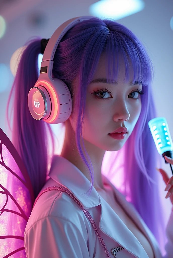 Mulher borboleta de cabelo roxo coreana de fone de ouvido com short roxo eHere is a detailed prompt for creating an image:
"A Korean woman with long, purple hair styled in two pigtails (Maria Chiquinha) stands confidently. She is depicted as a butterfly-themed figure with delicate, iridescent wings extending from her back. She wears a sleek, form-fitting scientist's outfit with a sexy twist, featuring a lab coat that is slightly open to reveal a stylish, tech-inspired bodysuit underneath. The woman also sports a pair of futuristic headphones. In one hand, she holds a syringe with a glowing liquid inside, giving off a sense of mystery and power. The background should be a blend of high-tech lab elements mixed with ethereal, butterfly-themed details, creating a fusion of science and fantasy." preto corpo inteiro faça essa imagem de corpo inteiro corpo inteiro corpo inteiro em laboratório corpo inteiro ela em pé