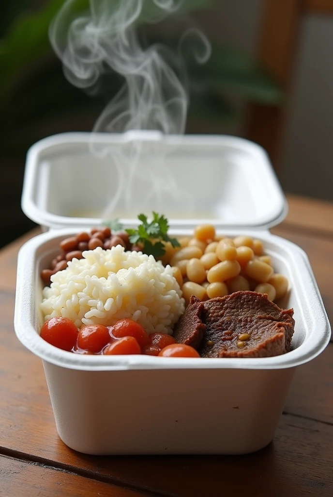 A round white styrofoam lunch box, where white rice, tropeiro beans, roast beef and mashed potatoes appear