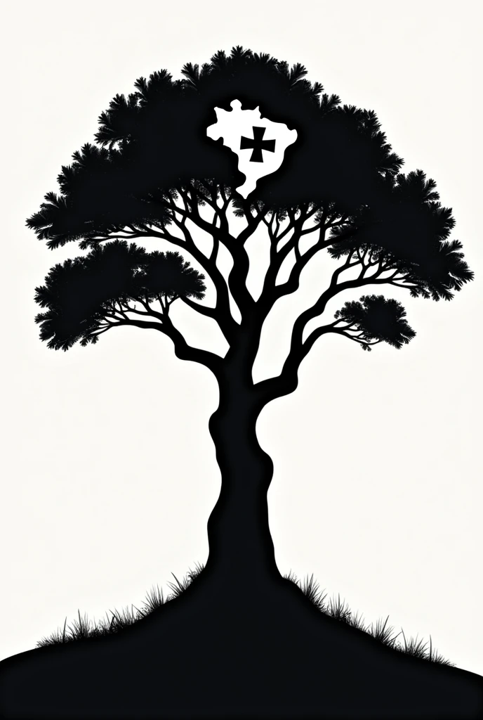 A black tree silhouette, with deep roots, its canopy forms the map of Brazil and has large, wide leaves. Inside the white silhouetted leaves is an image that represents autism., another sheet has an image of black power afrodescendant hair, another sheet with the accessibility symbol.