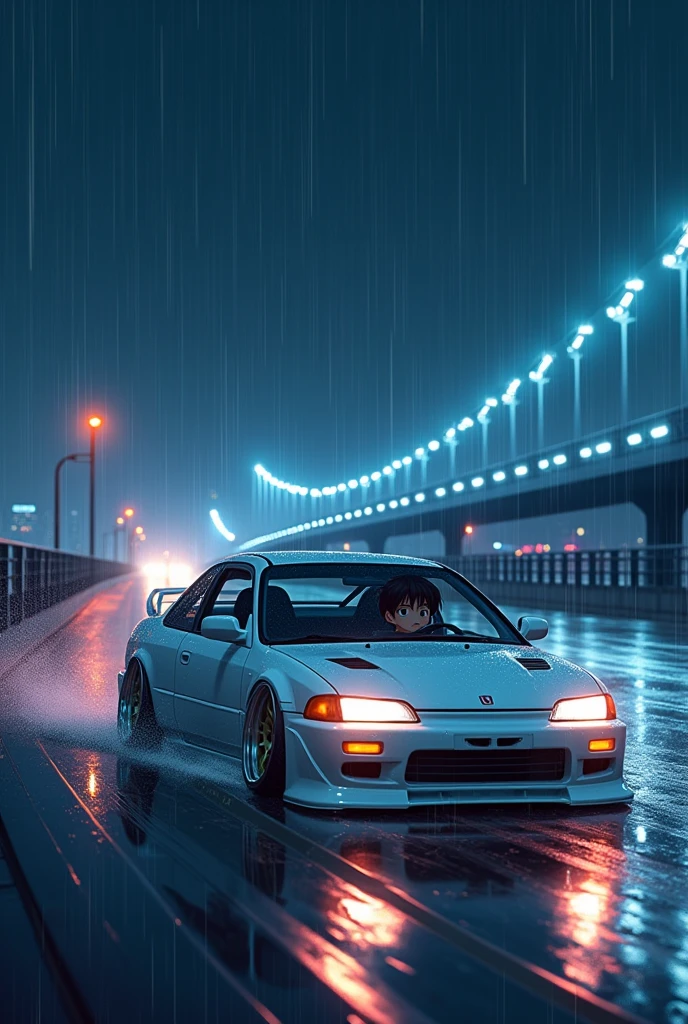 Anime style image of a boy speeding in a white 2014 Civic lowrider on a bridge on a rainy night. An image that evokes loneliness.
