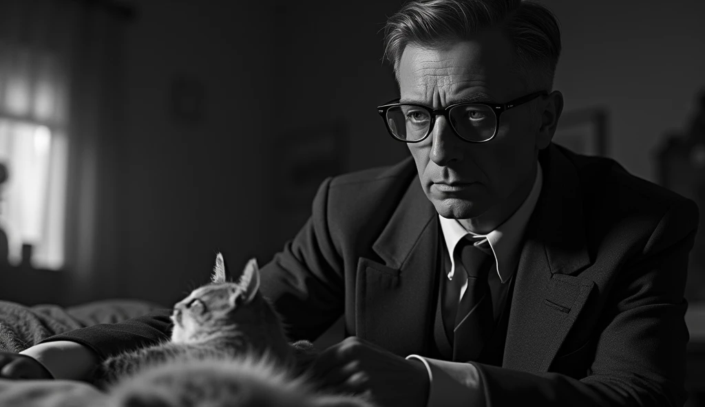 Black and white image of a thin, elderly man with a serene and contemplative expression. He has short, dark hair, a little gray, no beard, and is wearing a classic 1930s suit, with small, square prescription glasses and a discreet tie. Cayce is with a cat near death in a bed from the same decade in an environment that looks like a house from that time. The soft, diffuse lighting highlights his face, transmitting an aura of wisdom and introspection. The scene has a nostalgic and mysterious tone, reflecting the enigmatic character of Cayce trying to save the cat.