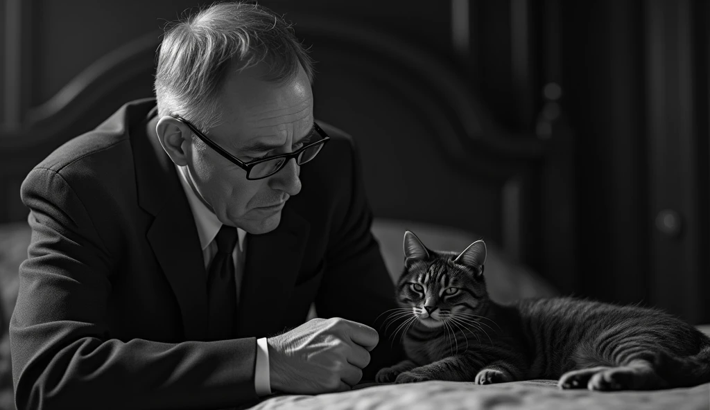Black and white image of a thin, elderly man with a serene and contemplative expression. He has short, dark hair, a little gray, no beard, and is wearing a classic 1930s suit, with small, square prescription glasses and a discreet tie. Cayce is with a cat near death in a bed from the same decade in an environment that looks like a house from that time. The soft, diffuse lighting highlights his face, transmitting an aura of wisdom and introspection. The scene has a nostalgic and mysterious tone, reflecting the enigmatic character of Cayce trying to save the cat.