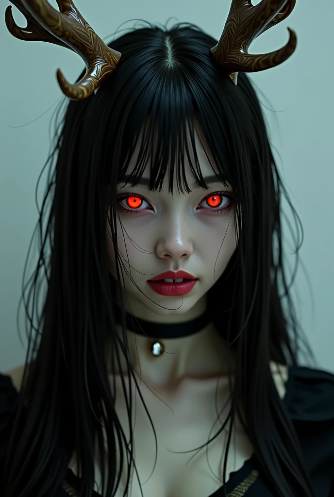 female, Eyes red, black long straigh hair with bangs, pale skin, antlers , stuck in the teeth, new, realisitic, high qualiy, Formato HD, high lighting, smooth light