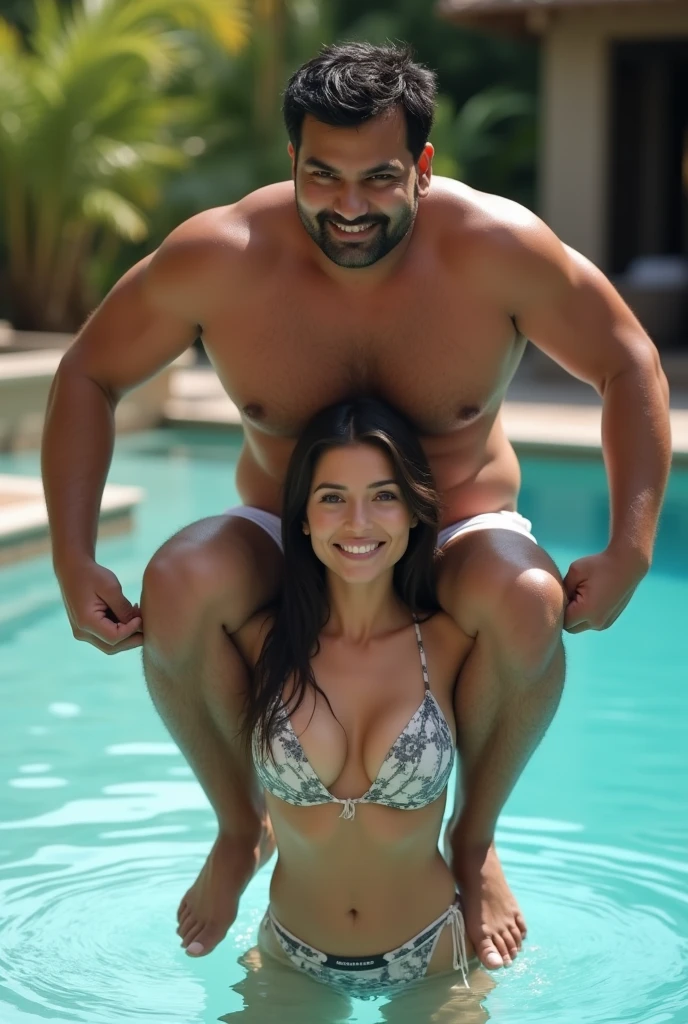 Beautiful and Slim, Sexy russian woman in bikini lifting a large chubby fat Indian man above her shoulders, man is sitting on woman's shoulder, in a swimming pool, natural smile, woman is looking into the camera , full image